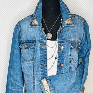 UpCycled Western jean jacket w.brown/cream genuine cowhide accents -XL